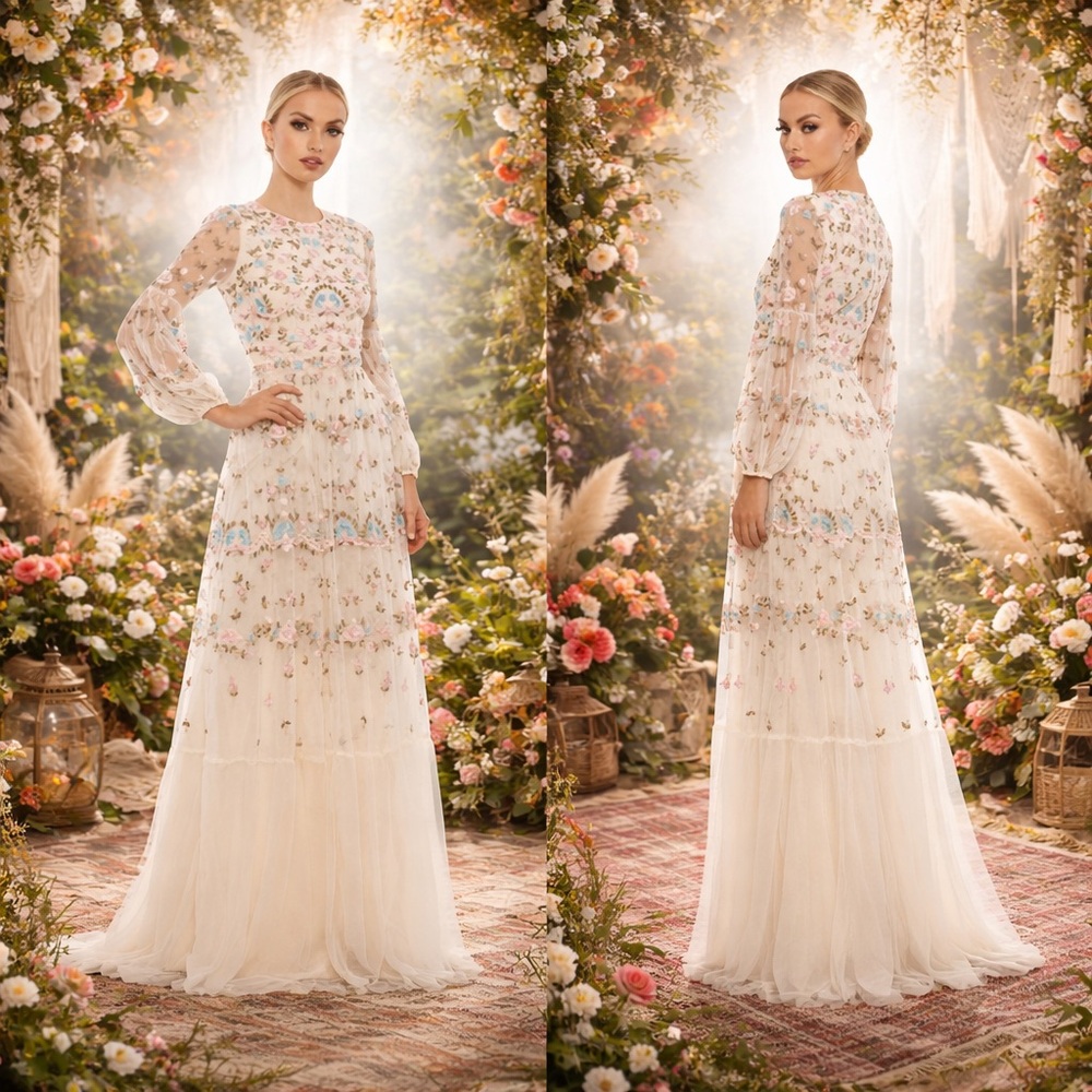 Mac Duggal EMBROIDERED BLOUSON SLEEVE GOWN